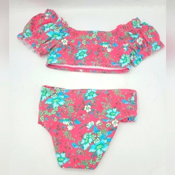 JANIE AND JACK FLORAL PUFF SLEEVE 2-PIECE SWIMSUIT IN PINK TART FLORAL SIZE 4 - Picture 3 of 15